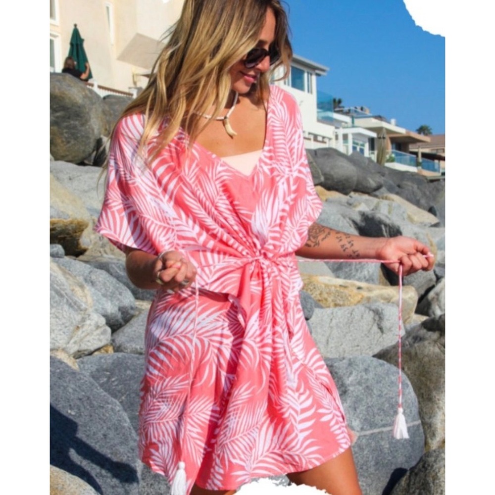 Cleobella Dreamy Sunset Beach Coverup Coral Pink Palm Leaf Print Kaftan Swim  OS
